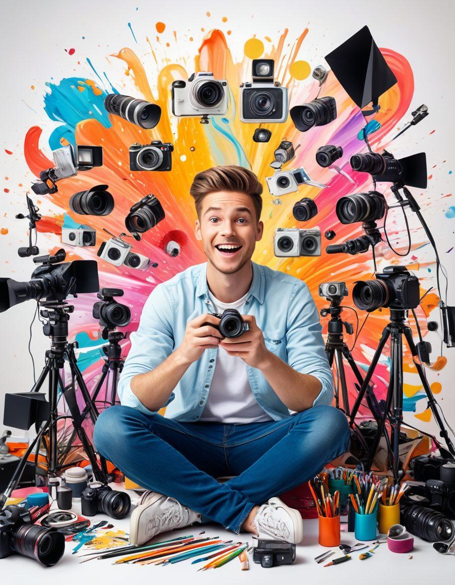 A vibrant scene of a young video blogger surrounded by various creative tools like cameras, microphones, and art supplies, capturing their storytelling on a digital device. The background features a colorful, abstract representation of digital storytelling with swirling patterns and icons of social media. The atmosphere is energetic and inspiring, with warm light illuminating the subject. super-realistic. vibrant colors. white background.