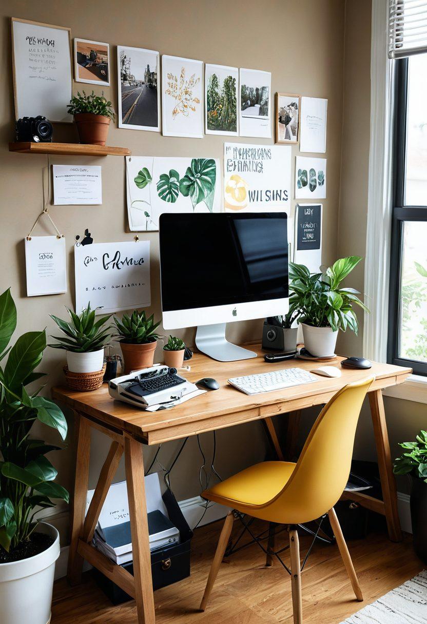 A cozy workspace featuring a stylish desk adorned with a laptop, camera gear, and vibrant plants. Visualize a colorful vision board with snippets of lifestyle inspirations, and a warm cup of coffee. Include an inviting window with natural light flooding the room. Balance creativity and professionalism with a harmony of warm and vibrant colors. super-realistic. vibrant colors. natural lighting.