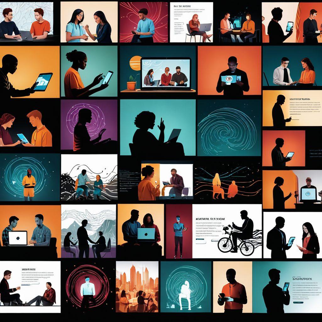 A dynamic collage illustrating various digital storytelling techniques, featuring diverse people watching videos on multiple devices like smartphones, tablets, and laptops. Include elements representing creativity, such as animated storyboards, film reels, and vibrant imagery that captures emotion. The background should be filled with subtle digital effects like sound waves or social media icons to emphasize engagement. super-realistic. vibrant colors. 3D.